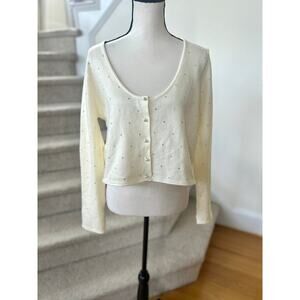 ASOS Cream White Scoop Pearl Button Rhinestone Sparkle Cardigan Coquette